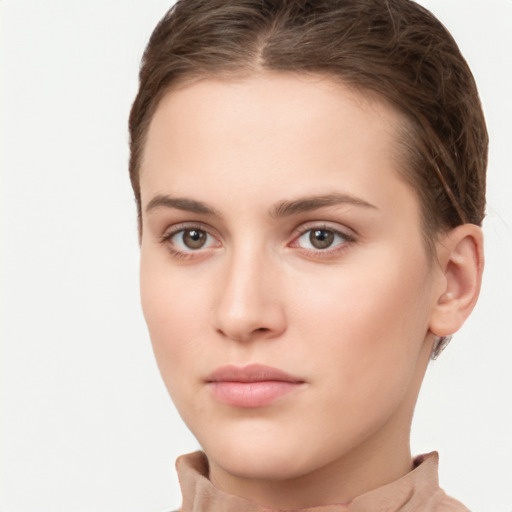 Neutral white young-adult female with short  brown hair and brown eyes