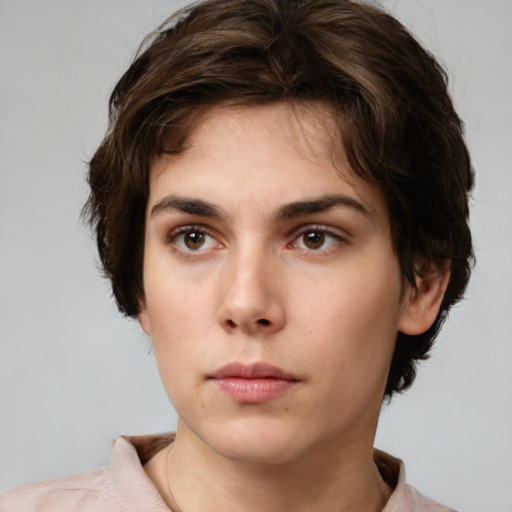 Neutral white young-adult female with short  brown hair and brown eyes