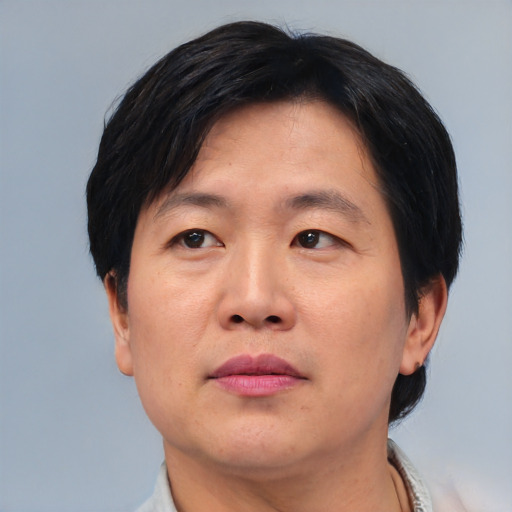 Neutral asian adult male with short  black hair and brown eyes
