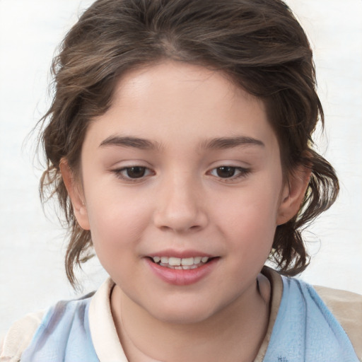 Joyful white child female with medium  brown hair and brown eyes