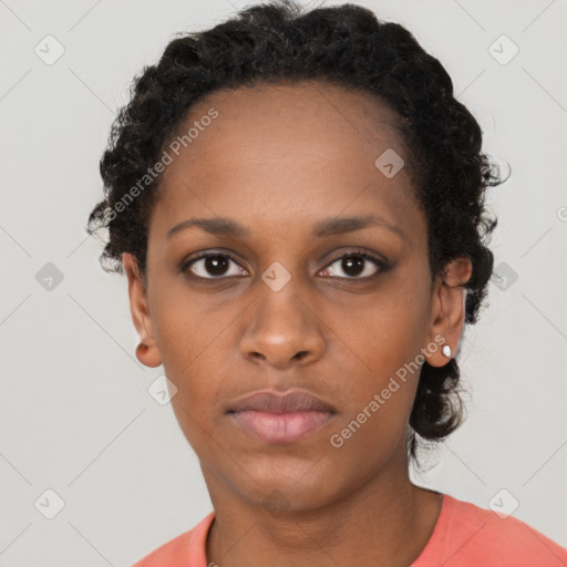 Neutral black young-adult female with short  black hair and brown eyes