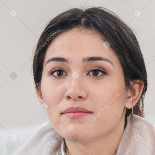 Neutral white young-adult female with medium  brown hair and brown eyes