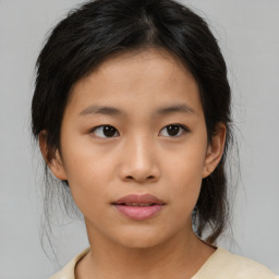 Neutral asian young-adult female with medium  brown hair and brown eyes