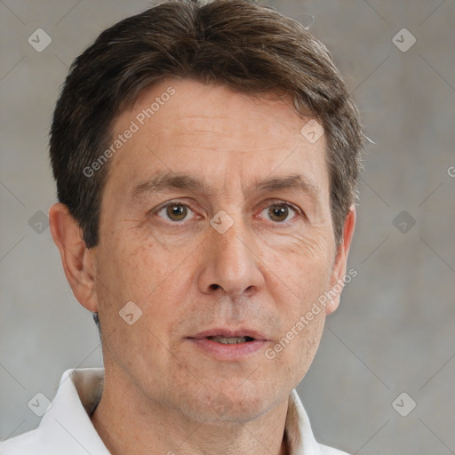 Neutral white middle-aged male with short  brown hair and brown eyes