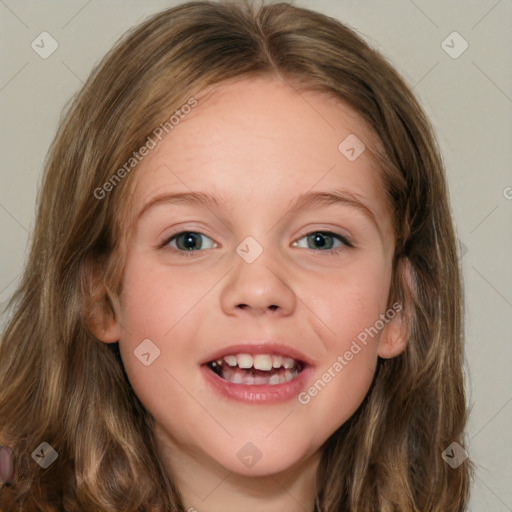 Joyful white child female with medium  brown hair and grey eyes