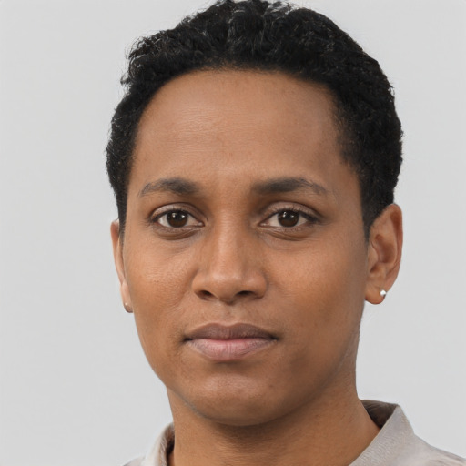 Neutral black young-adult male with short  black hair and brown eyes
