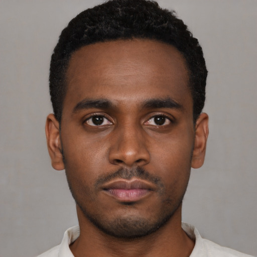 Neutral black young-adult male with short  black hair and brown eyes
