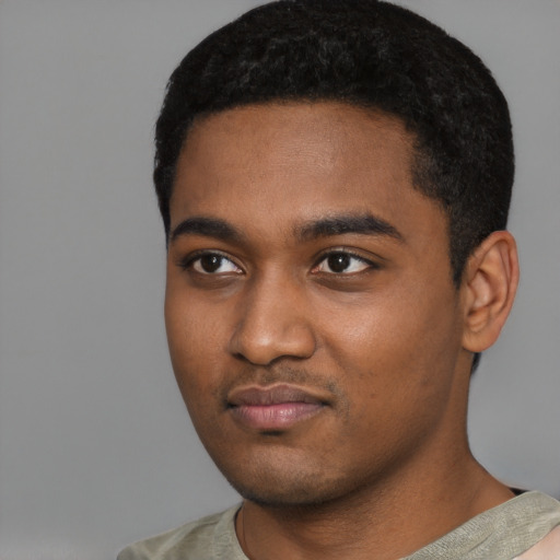 Neutral black young-adult male with short  black hair and brown eyes