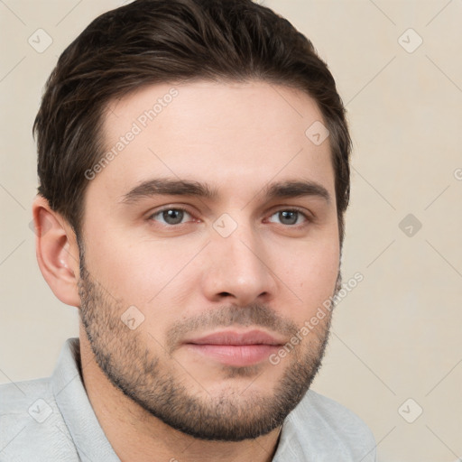 Neutral white young-adult male with short  brown hair and brown eyes