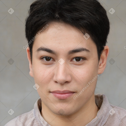 Joyful asian young-adult female with short  brown hair and brown eyes