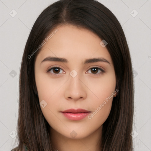 Neutral white young-adult female with long  brown hair and brown eyes