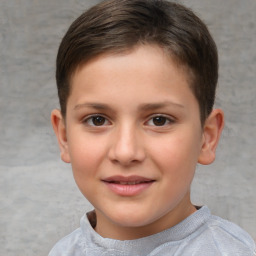 Joyful white child female with short  brown hair and brown eyes