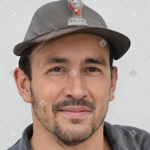 Joyful white adult male with short  brown hair and grey eyes