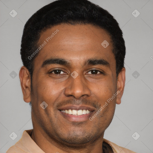 Joyful latino young-adult male with short  black hair and brown eyes