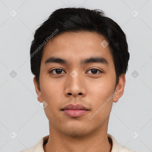 Neutral asian young-adult male with short  black hair and brown eyes