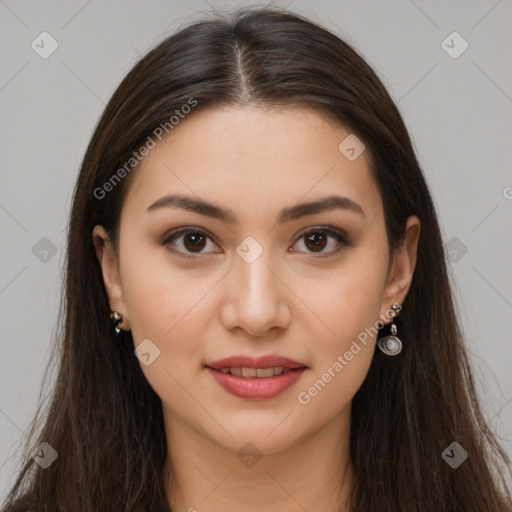 Joyful white young-adult female with long  brown hair and brown eyes