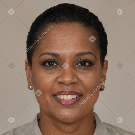 Joyful black adult female with short  brown hair and brown eyes