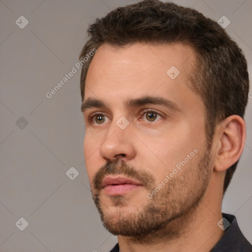 Neutral white young-adult male with short  brown hair and brown eyes