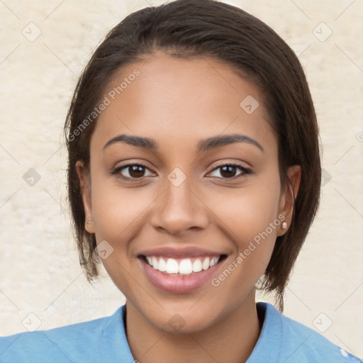 Joyful white young-adult female with medium  brown hair and brown eyes