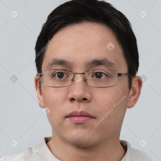 Neutral asian young-adult male with short  brown hair and brown eyes