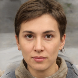 Neutral white young-adult female with short  brown hair and brown eyes