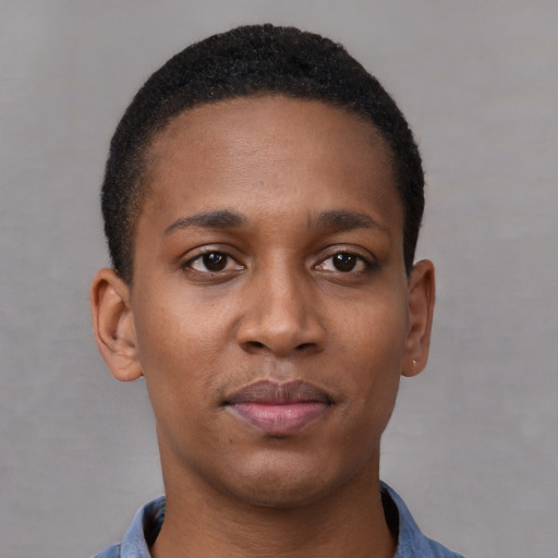 Joyful black young-adult male with short  brown hair and brown eyes