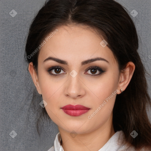 Joyful white young-adult female with medium  brown hair and brown eyes