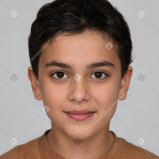 Joyful white child male with short  brown hair and brown eyes