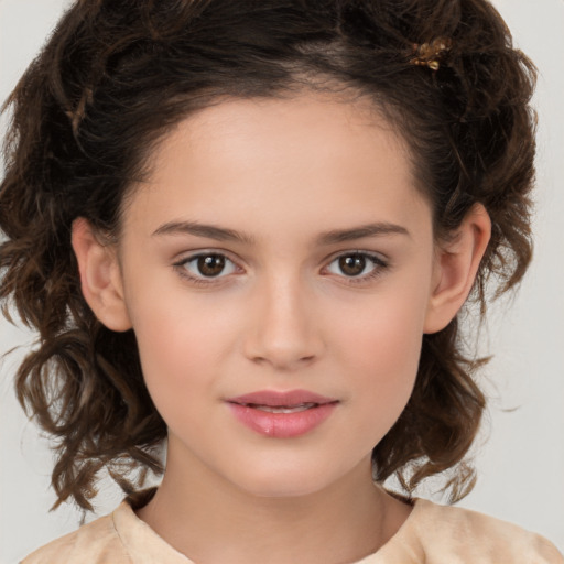 Joyful white child female with medium  brown hair and brown eyes