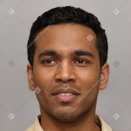 Neutral latino young-adult male with short  black hair and brown eyes