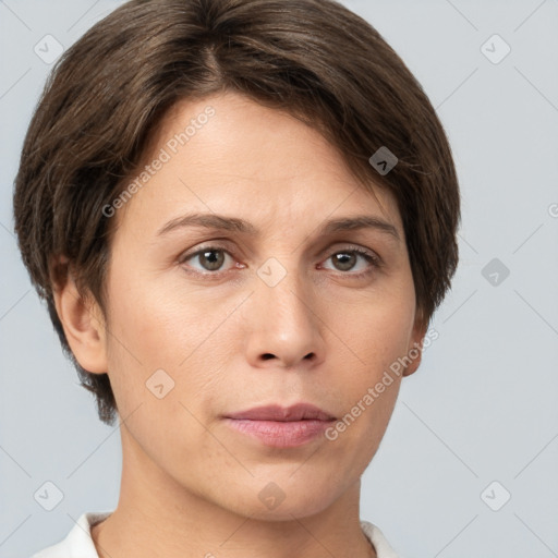 Neutral white young-adult female with short  brown hair and brown eyes