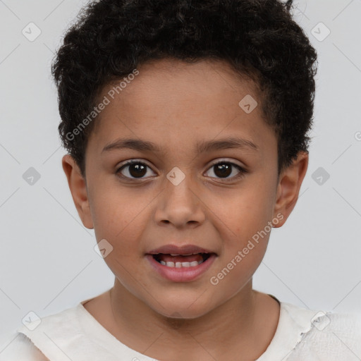 Joyful white child female with short  brown hair and brown eyes