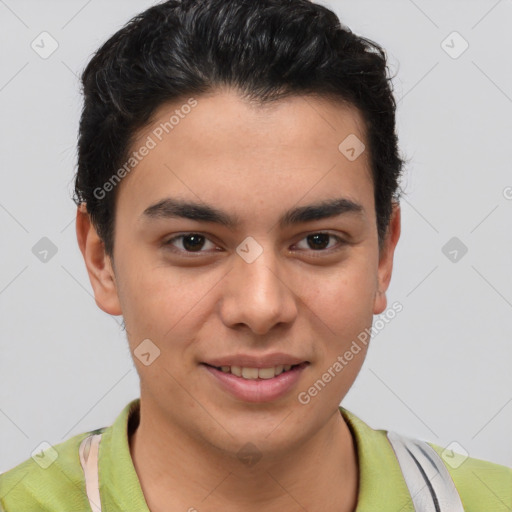 Joyful latino young-adult male with short  brown hair and brown eyes