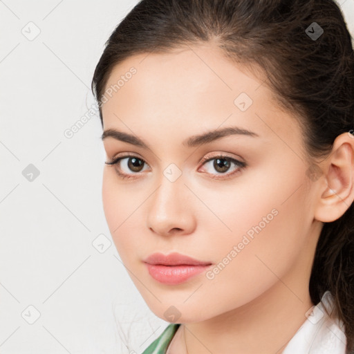 Neutral white young-adult female with medium  brown hair and brown eyes