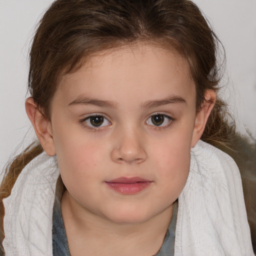 Neutral white child female with medium  brown hair and blue eyes