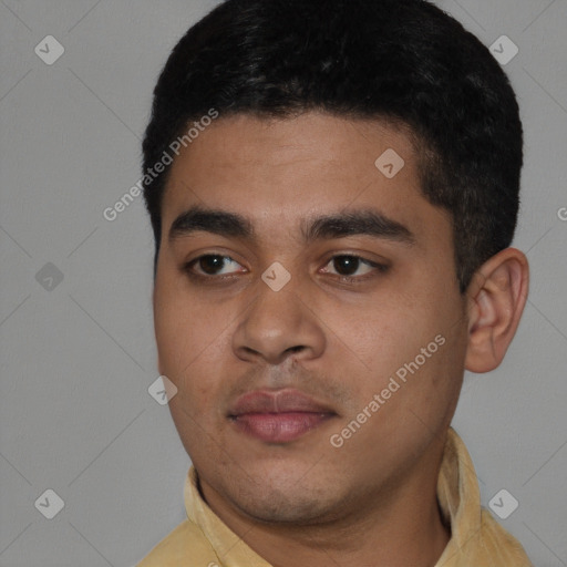 Neutral latino young-adult male with short  black hair and brown eyes