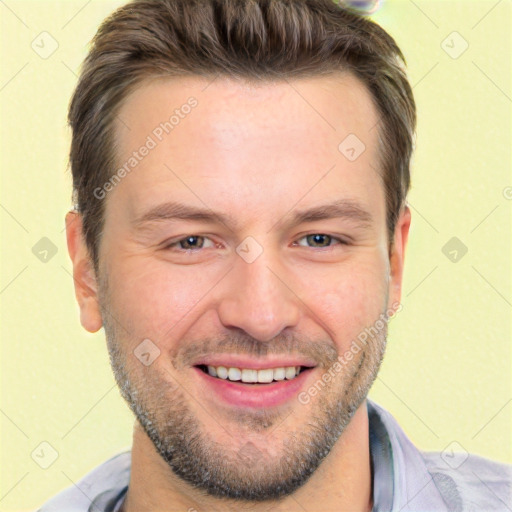 Joyful white young-adult male with short  brown hair and brown eyes