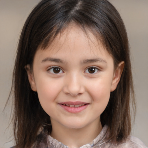 Joyful white child female with medium  brown hair and brown eyes