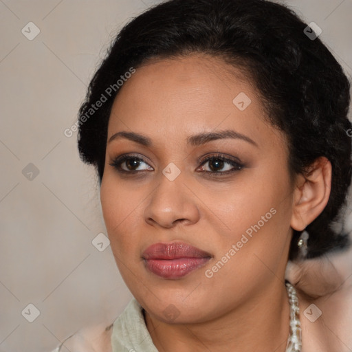 Joyful latino young-adult female with long  brown hair and brown eyes