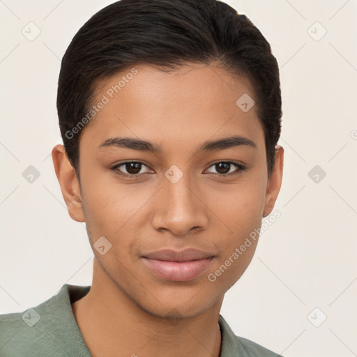 Joyful latino young-adult female with short  brown hair and brown eyes