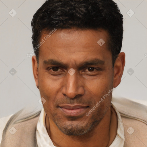 Neutral latino adult male with short  brown hair and brown eyes