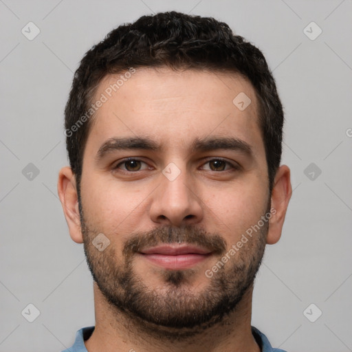 Neutral white young-adult male with short  brown hair and brown eyes