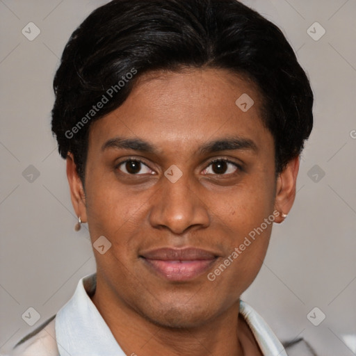 Joyful asian young-adult male with short  black hair and brown eyes