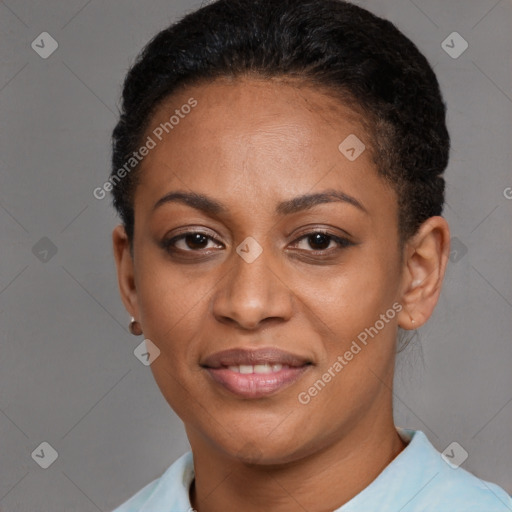 Joyful latino young-adult female with short  brown hair and brown eyes