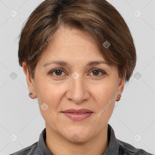 Joyful white adult female with short  brown hair and brown eyes