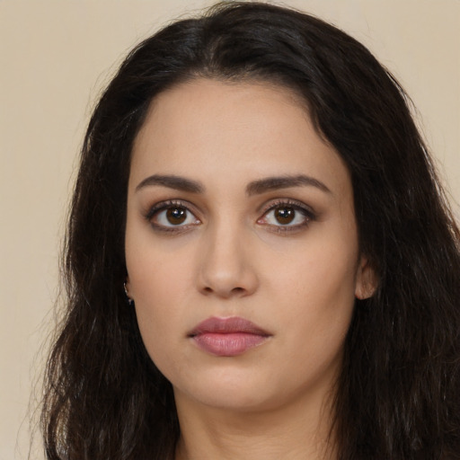Neutral white young-adult female with long  black hair and brown eyes