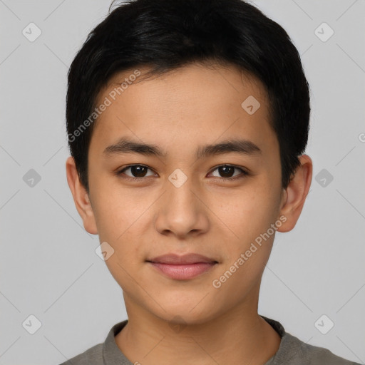 Neutral asian young-adult male with short  black hair and brown eyes