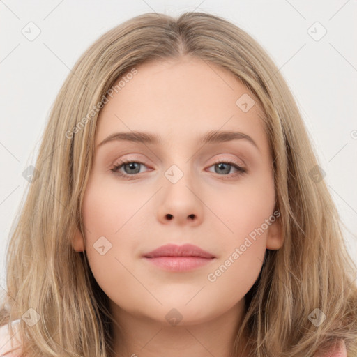 Neutral white young-adult female with long  brown hair and grey eyes