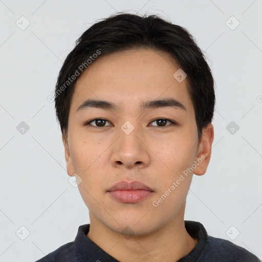 Neutral asian young-adult male with short  black hair and brown eyes