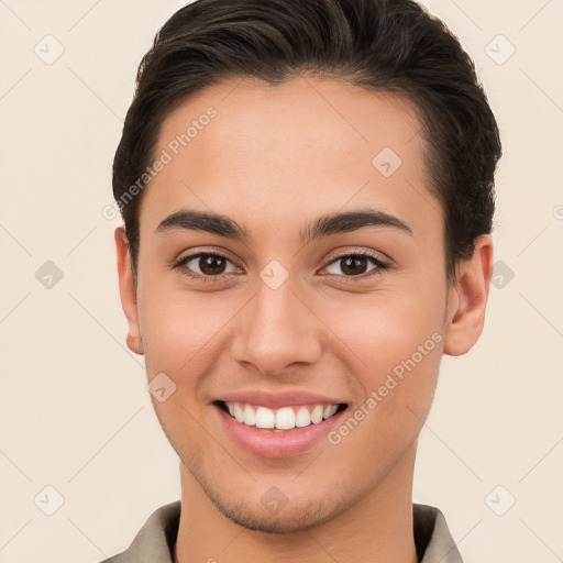 Joyful white young-adult female with short  brown hair and brown eyes